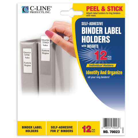 C-Line Self-Adhesive Binder Label Holders - For 2-inch Ring Binders, Peel & Stick, 2-1/4 x 3-1/16, 12/PK, 70023 C-Line Self-Adhesive Binder Label Holders - For 2-inch Ring Binders, Peel & Stick, 2-1/4 x 3-1/16, 12/PK, 70023