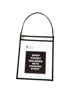 Black shop ticket holders w/hanging strap (stitched) both sides clear