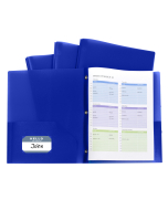 Two-Pocket Heavyweight Poly Portfolio Folder with Prongs, Blue, Open