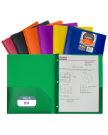 Two-Pocket Heavyweight Poly Portfolio Folder with Prongs, Assorted Primary Colors, Open With Label