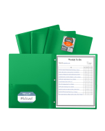Two-Pocket Heavyweight Poly Portfolio Folders with Prongs, Green, Open
