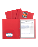 Two-Pocket Heavyweight Poly Portfolio Folders with Prongs, Red, Open