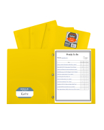 Two-Pocket Heavyweight Poly Portfolio Folders with Prongs, Yellow, Open